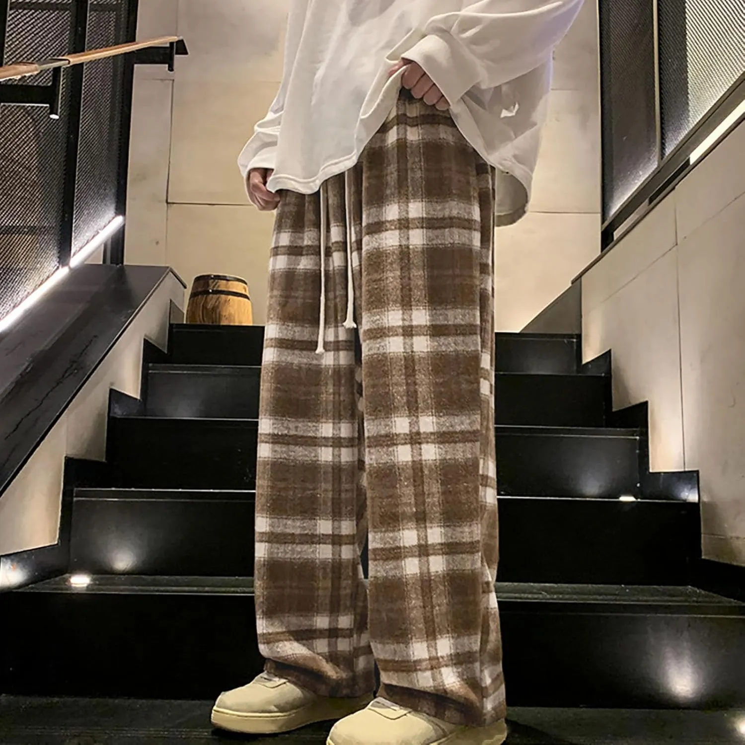 Women's Casual Fashion Plaid Wide Leg Pants Drawstring Elastic High Waist Loose Fit Comfy Palazzo Trousers with Pockets