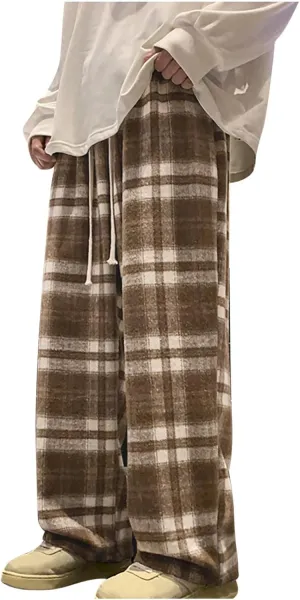 Women's Casual Fashion Plaid Wide Leg Pants Drawstring Elastic High Waist Loose Fit Comfy Palazzo Trousers with Pockets