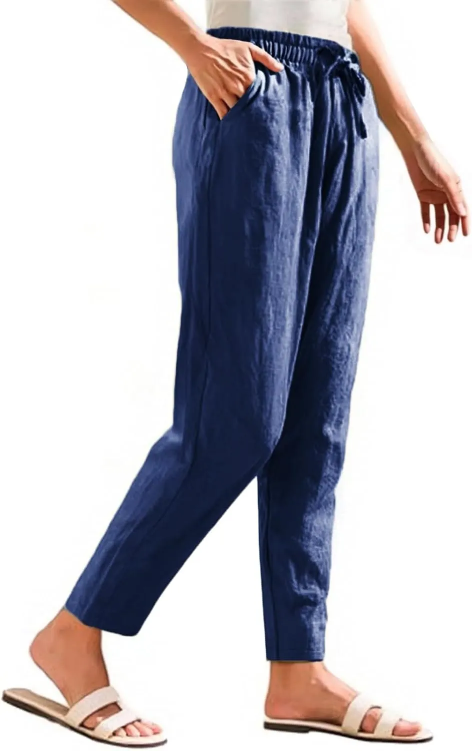 Womens Casual Linen High Waist Pants Drawstring Loose Fit Summer Beach Pants Trousers with Pockets