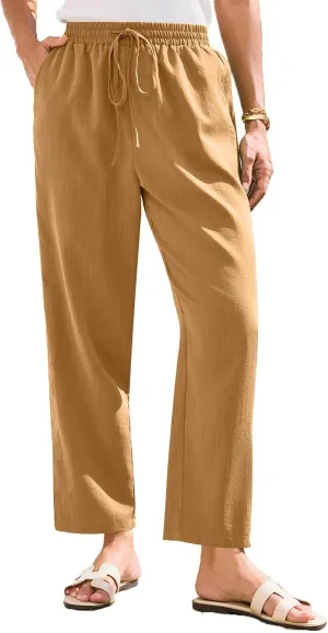 Womens Casual Linen High Waist Pants Drawstring Loose Fit Summer Beach Pants Trousers with Pockets