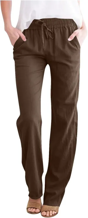 Womens Casual Linen High Waist Pants Drawstring Loose Fit Summer Slacks Solid Lounge Trousers with Side Pockets