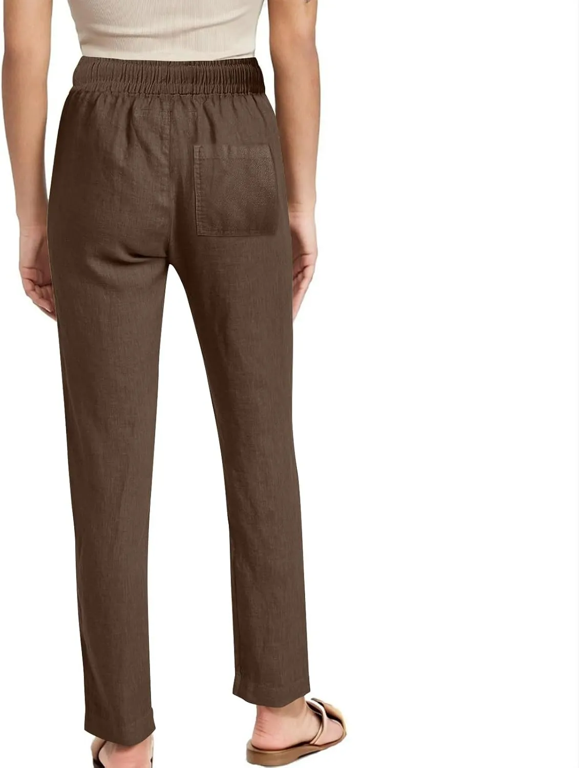 Womens Casual Linen High Waist Pants Drawstring Loose Fit Summer Slacks Solid Lounge Trousers with Side Pockets