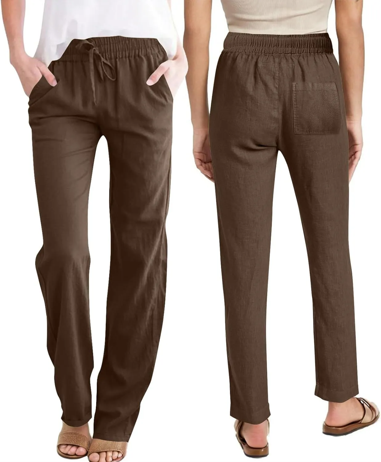 Womens Casual Linen High Waist Pants Drawstring Loose Fit Summer Slacks Solid Lounge Trousers with Side Pockets