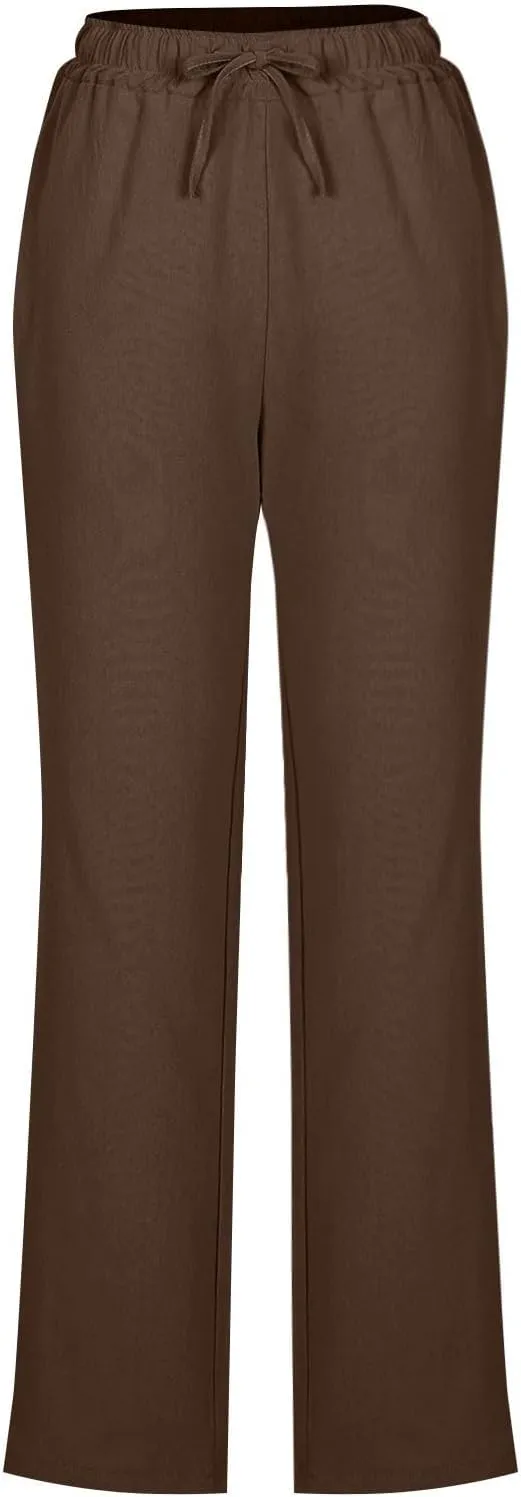 Womens Casual Linen High Waist Pants Drawstring Loose Fit Summer Slacks Solid Lounge Trousers with Side Pockets