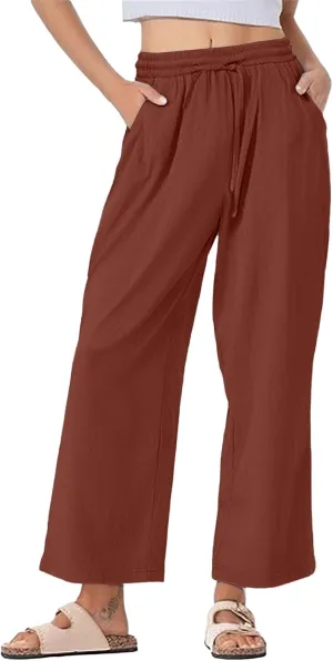 Womens Casual Linen High Waist Pants Drawstring Waist Loose Fit Summer Pants Beach Trousers Outfits