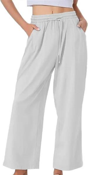 Womens Casual Linen High Waist Pants Summer Solid Color Palazzo Pants Flowy Flowy Wide Leg Beach with Pockets