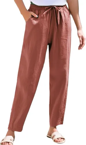 Womens Casual Linen Pants Drawstring Loose Fit Summer Pants Trousers with Side Pockets Summer Beach Lounge Pants
