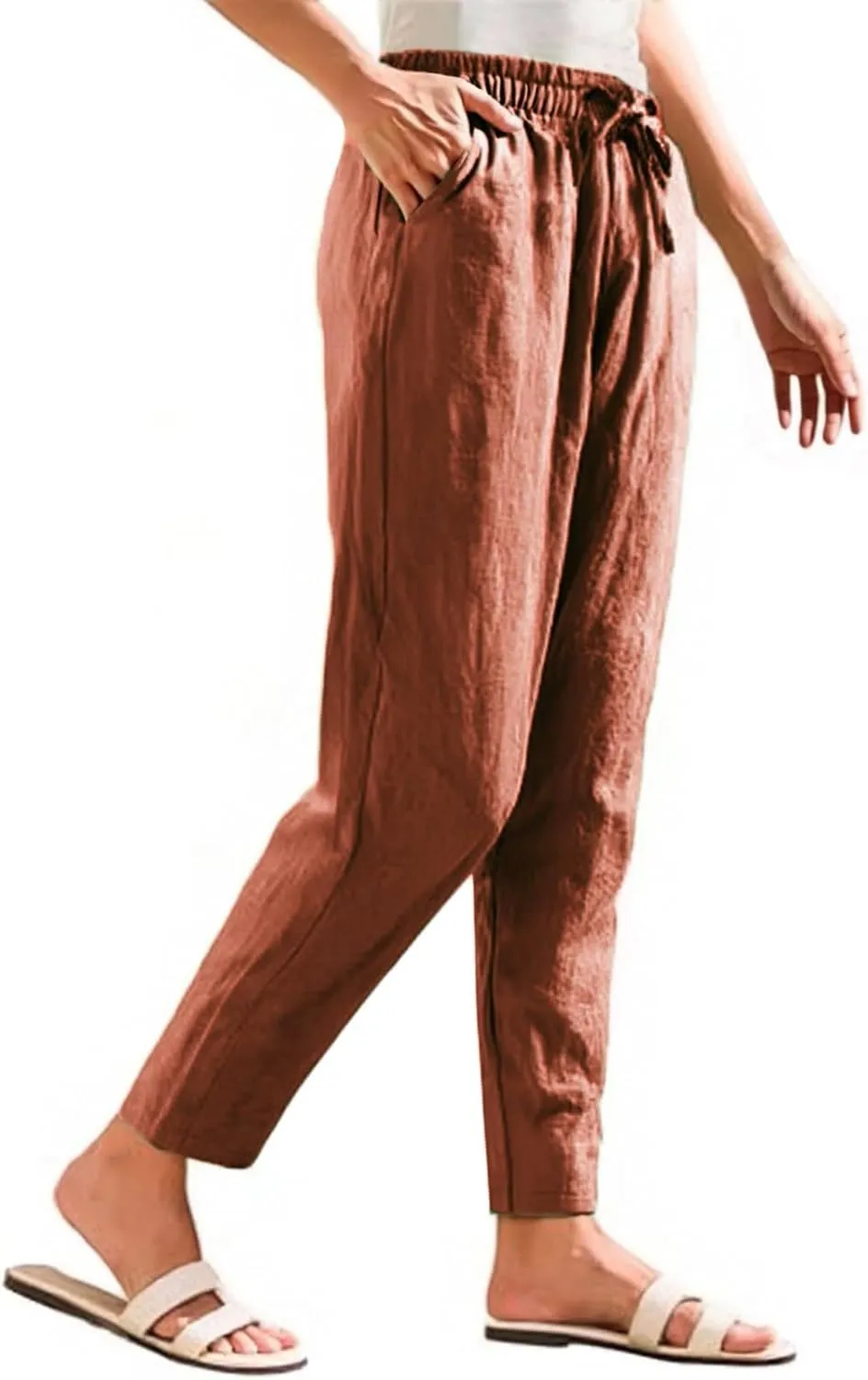 Womens Casual Linen Pants Drawstring Loose Fit Summer Pants Trousers with Side Pockets Summer Beach Lounge Pants