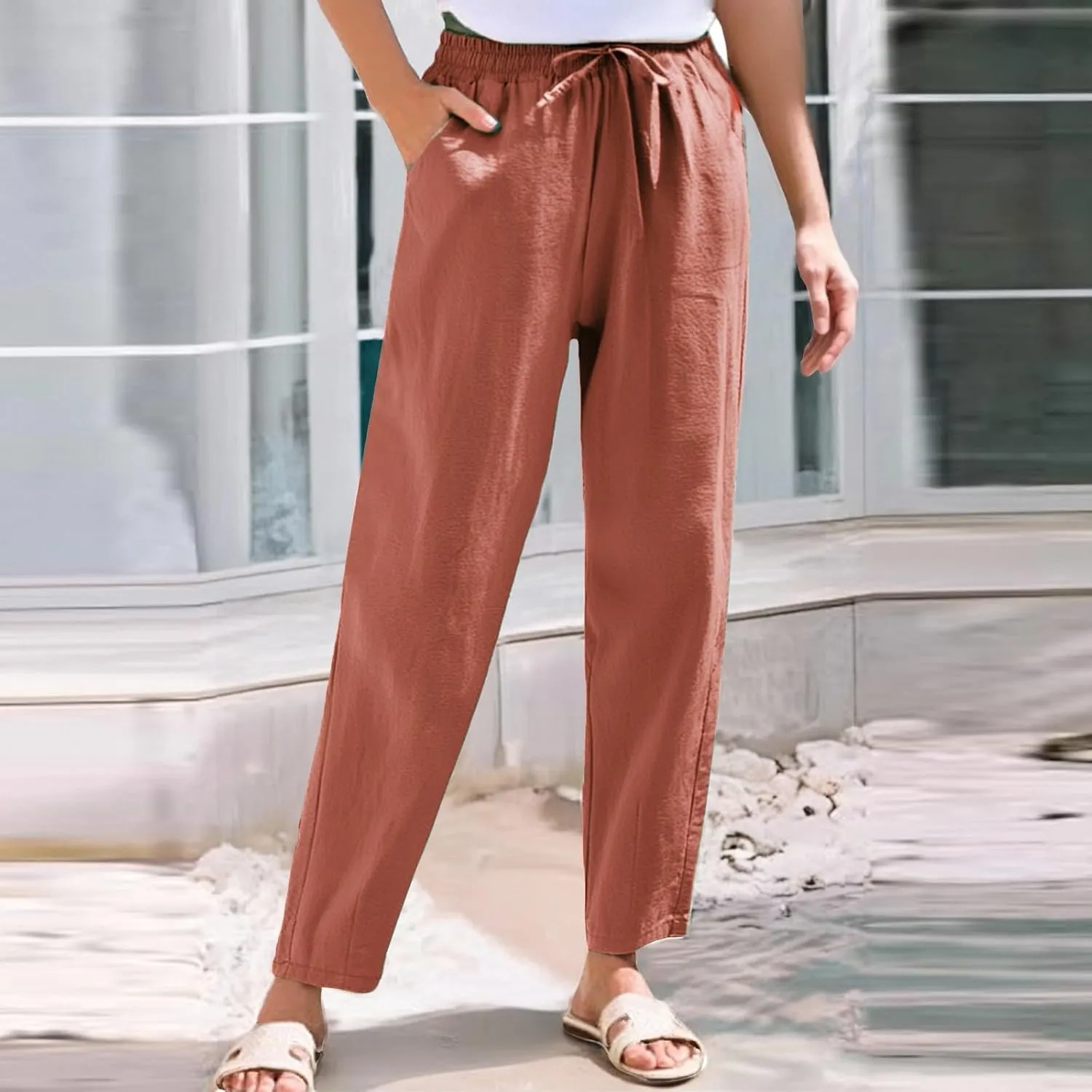 Womens Casual Linen Pants Drawstring Loose Fit Summer Pants Trousers with Side Pockets Summer Beach Lounge Pants