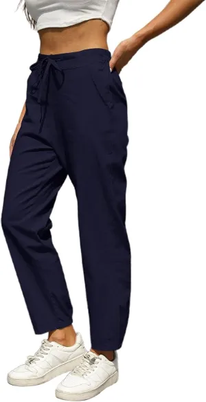 Womens Casual Linen Pants Loose Fit Elastic Waist Drawstring Cotton Trouser Cropped Wide Leg Pants Summer Yoga Pant