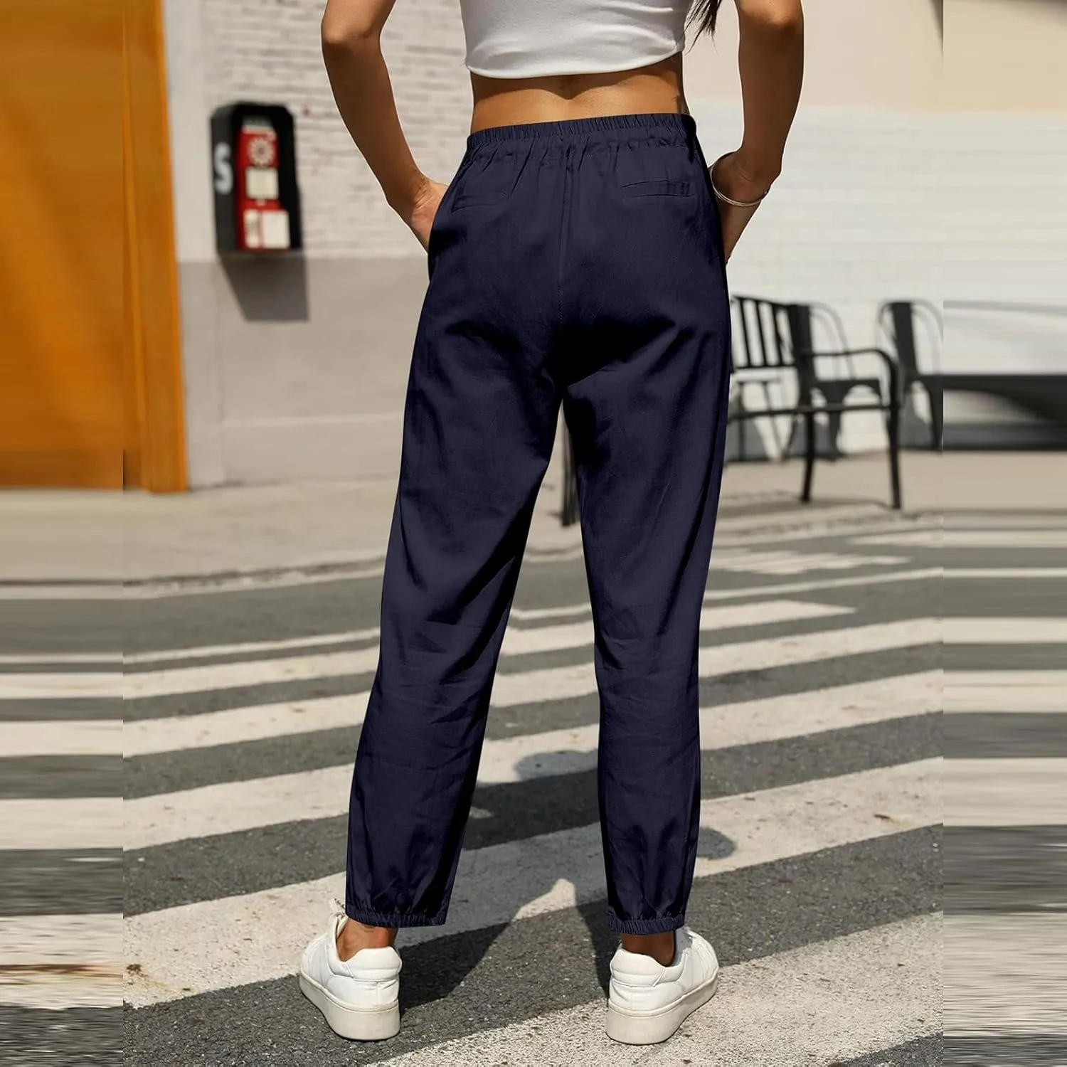 Womens Casual Linen Pants Loose Fit Elastic Waist Drawstring Cotton Trouser Cropped Wide Leg Pants Summer Yoga Pant