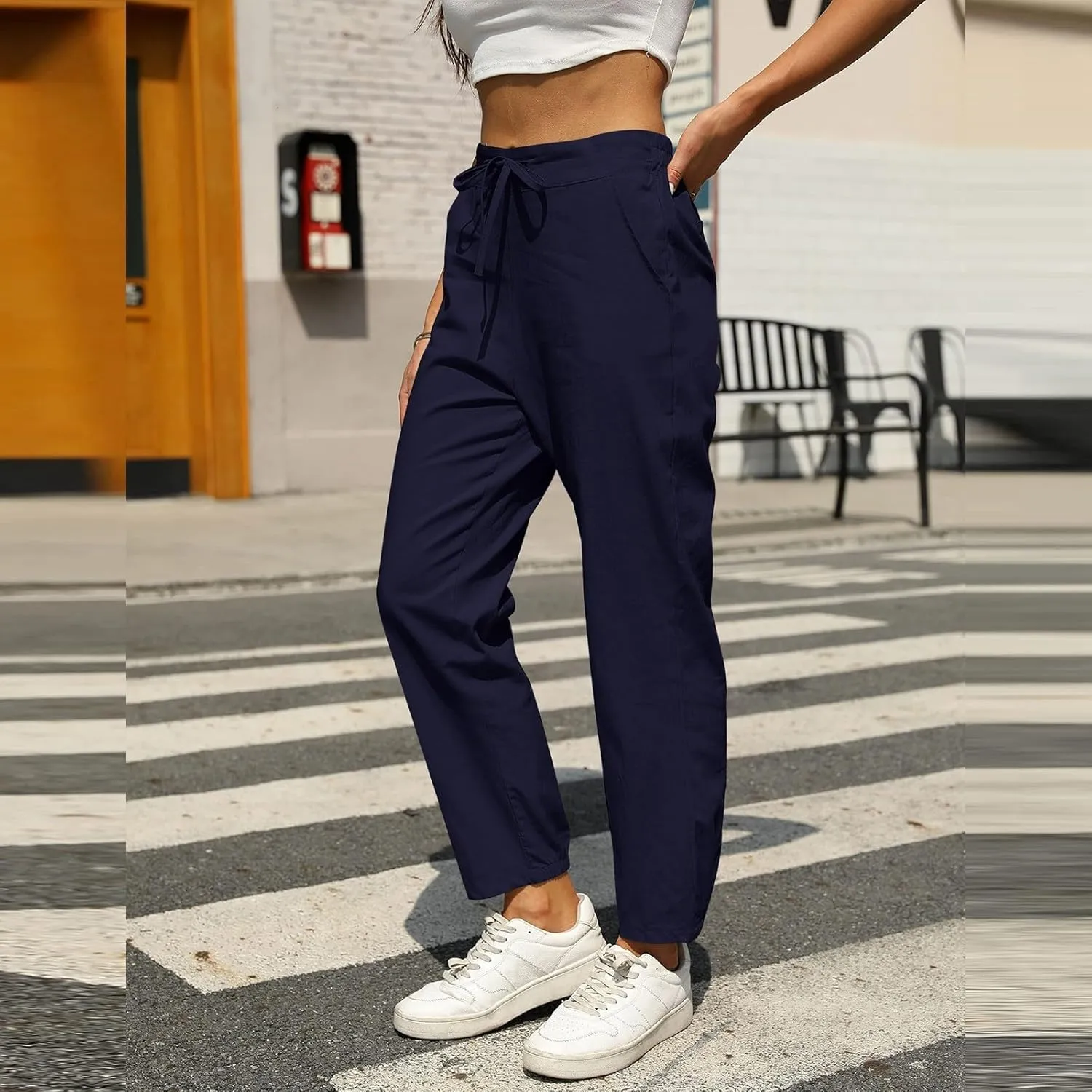 Womens Casual Linen Pants Loose Fit Elastic Waist Drawstring Cotton Trouser Cropped Wide Leg Pants Summer Yoga Pant