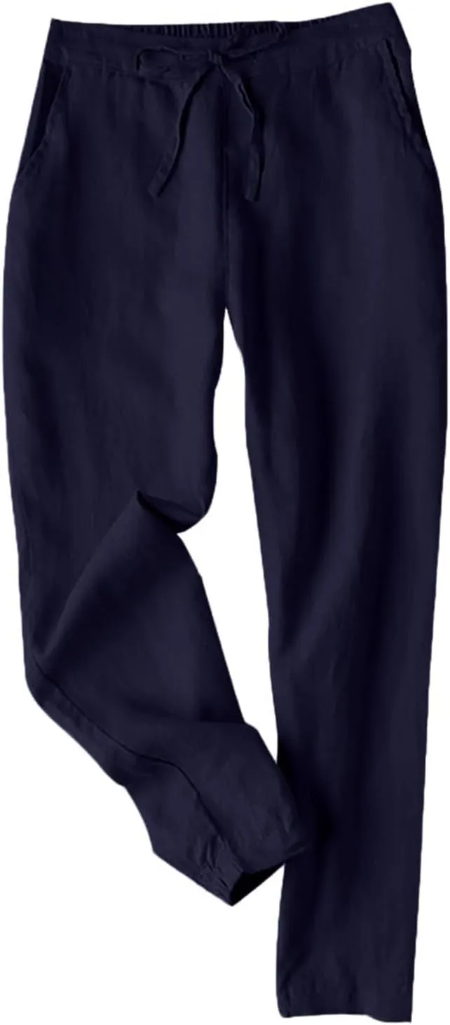 Womens Casual Linen Pants Loose Fit Elastic Waist Drawstring Cotton Trouser Cropped Wide Leg Pants Summer Yoga Pant