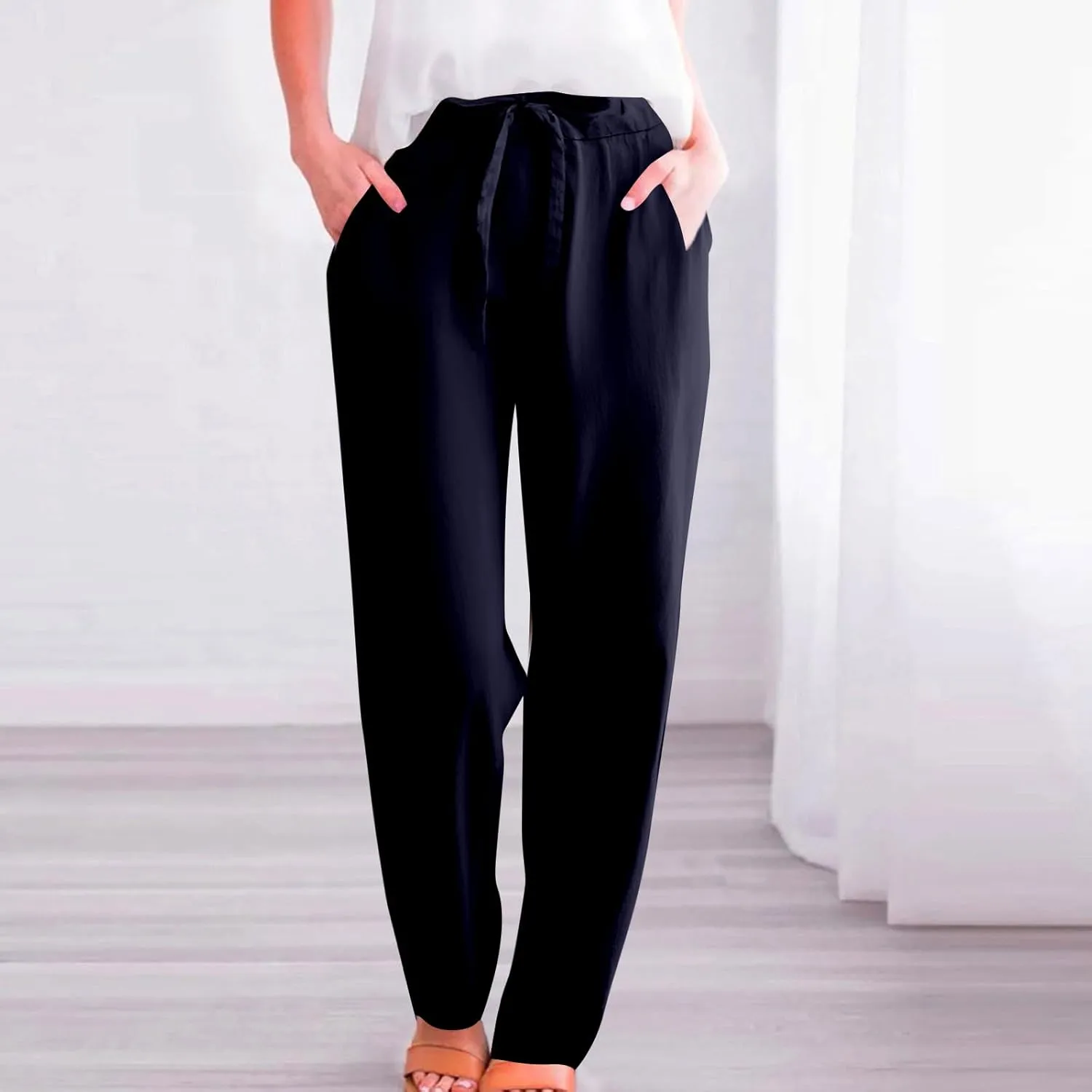 Womens Casual Linen Pants Loose Fit Elastic Waist Drawstring Cotton Trouser Cropped Wide Leg Pants Summer Yoga Pant
