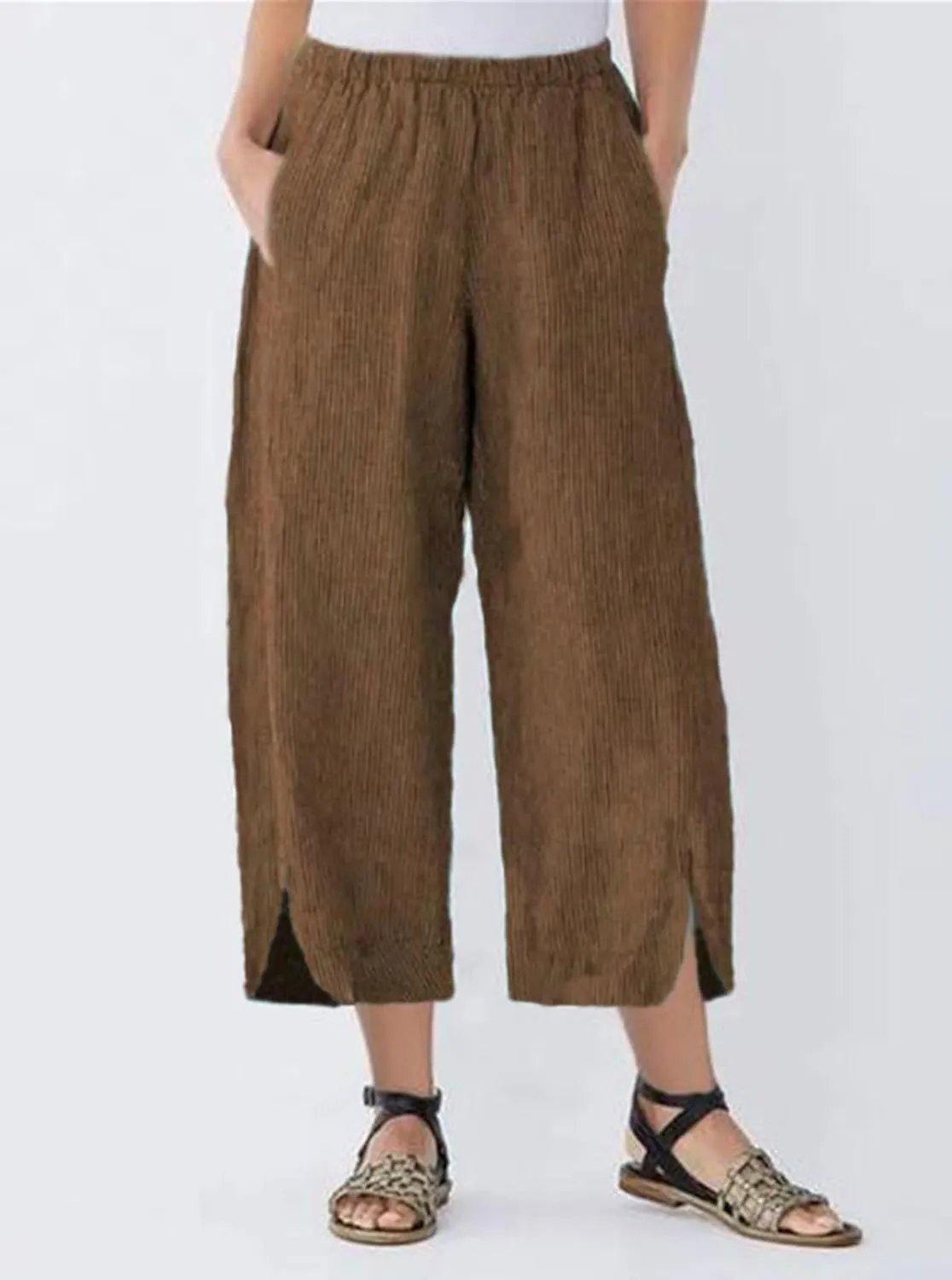 Womens Casual Linen Pants Summer Flowy Elastic Ankle Pants Plus Size Cropped Trousers High Waisted Wide Leg Pants
