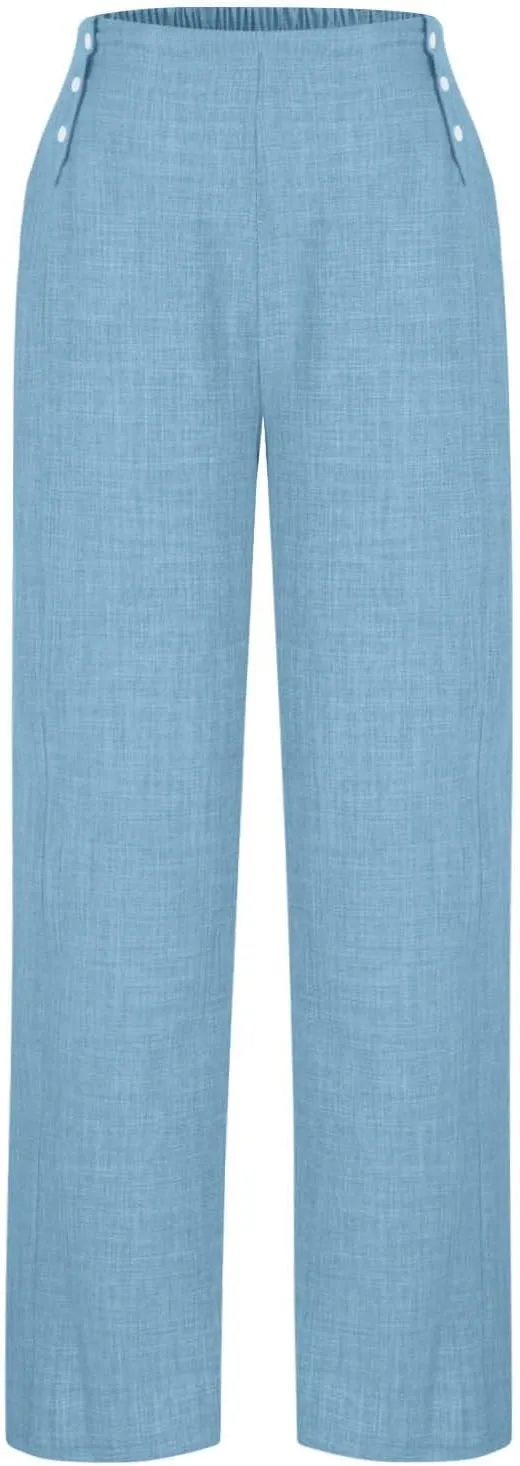 Womens Casual Linen Wide Leg Pants Elastic High Waist Palazzo Trousers Boho Beach Vacation Lounge Slacks with Pocket