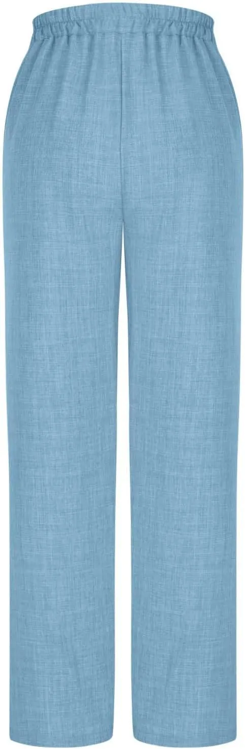 Womens Casual Linen Wide Leg Pants Elastic High Waist Palazzo Trousers Boho Beach Vacation Lounge Slacks with Pocket