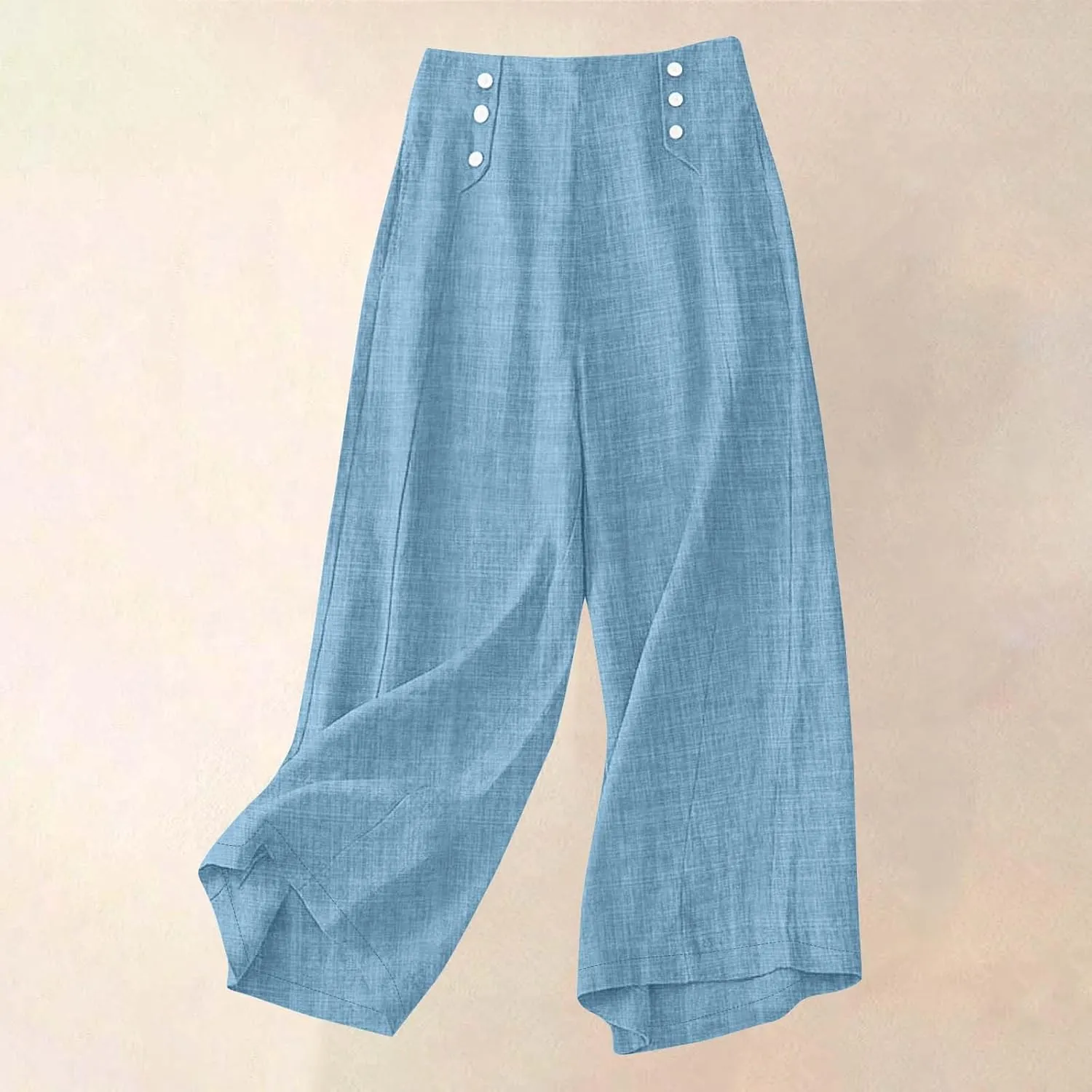 Womens Casual Linen Wide Leg Pants Elastic High Waist Palazzo Trousers Boho Beach Vacation Lounge Slacks with Pocket
