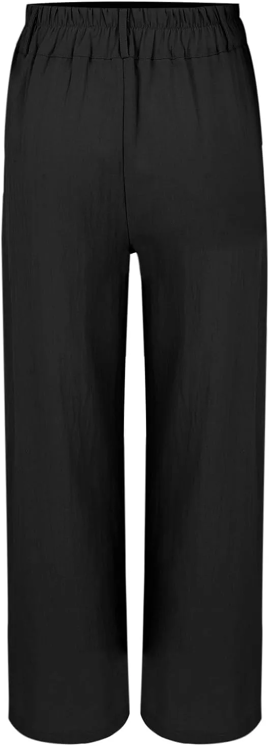 Women's Casual Pants High Waist Front Button Wide Leg Trousers Loose Fit Cool Comfy Summer Palazzo Pants with Pockets
