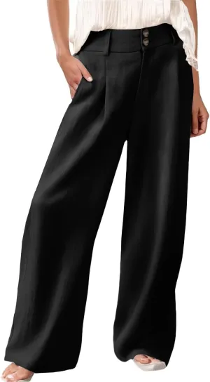 Women's Casual Pants High Waist Front Button Wide Leg Trousers Loose Fit Cool Comfy Summer Palazzo Pants with Pockets