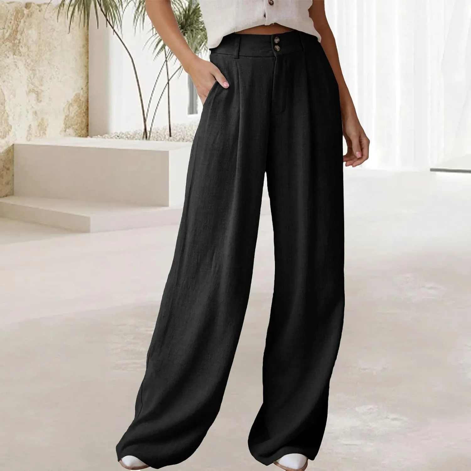 Women's Casual Pants High Waist Front Button Wide Leg Trousers Loose Fit Cool Comfy Summer Palazzo Pants with Pockets