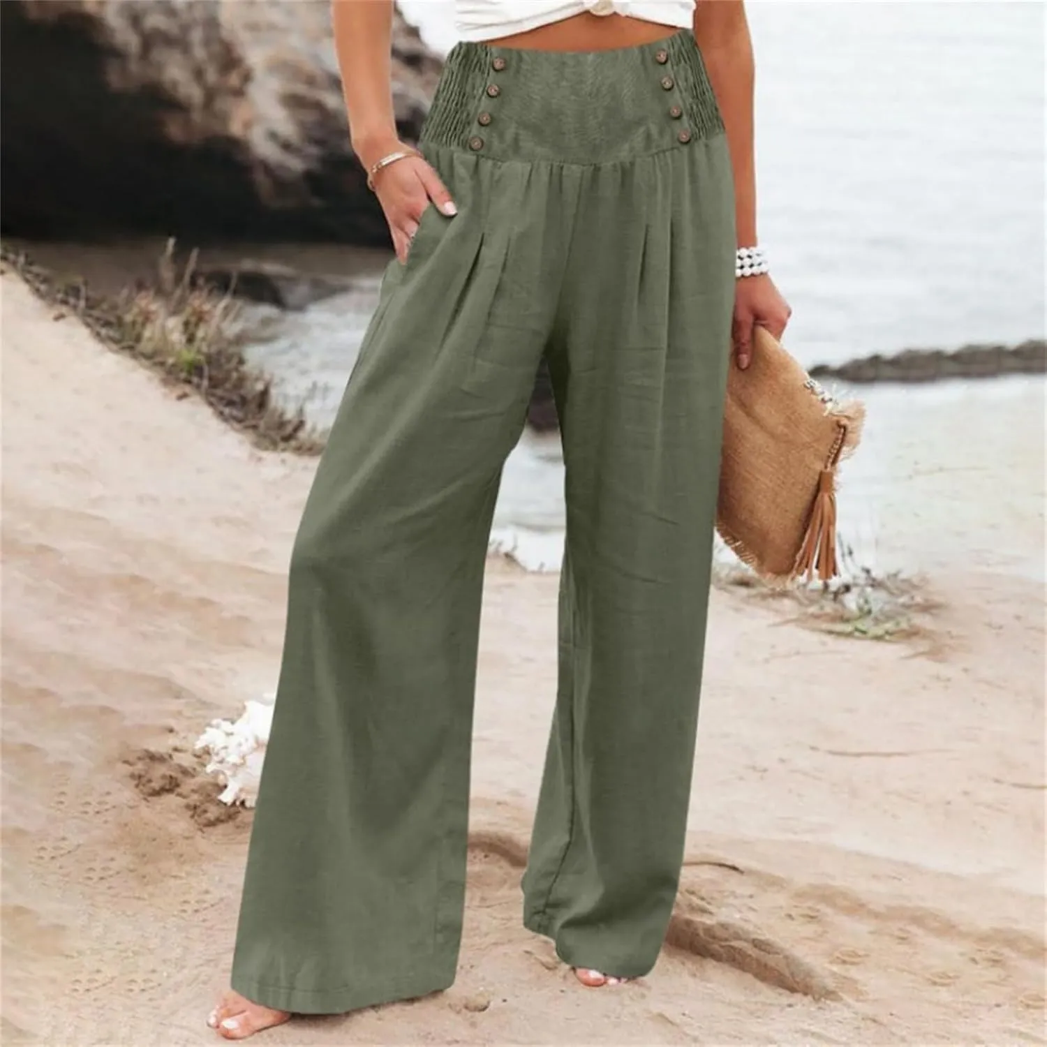 Women's Classy High Waist Double Buttons Pants Wide Leg Regular Fit Trousers with Pockets