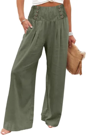 Women's Classy High Waist Double Buttons Pants Wide Leg Regular Fit Trousers with Pockets