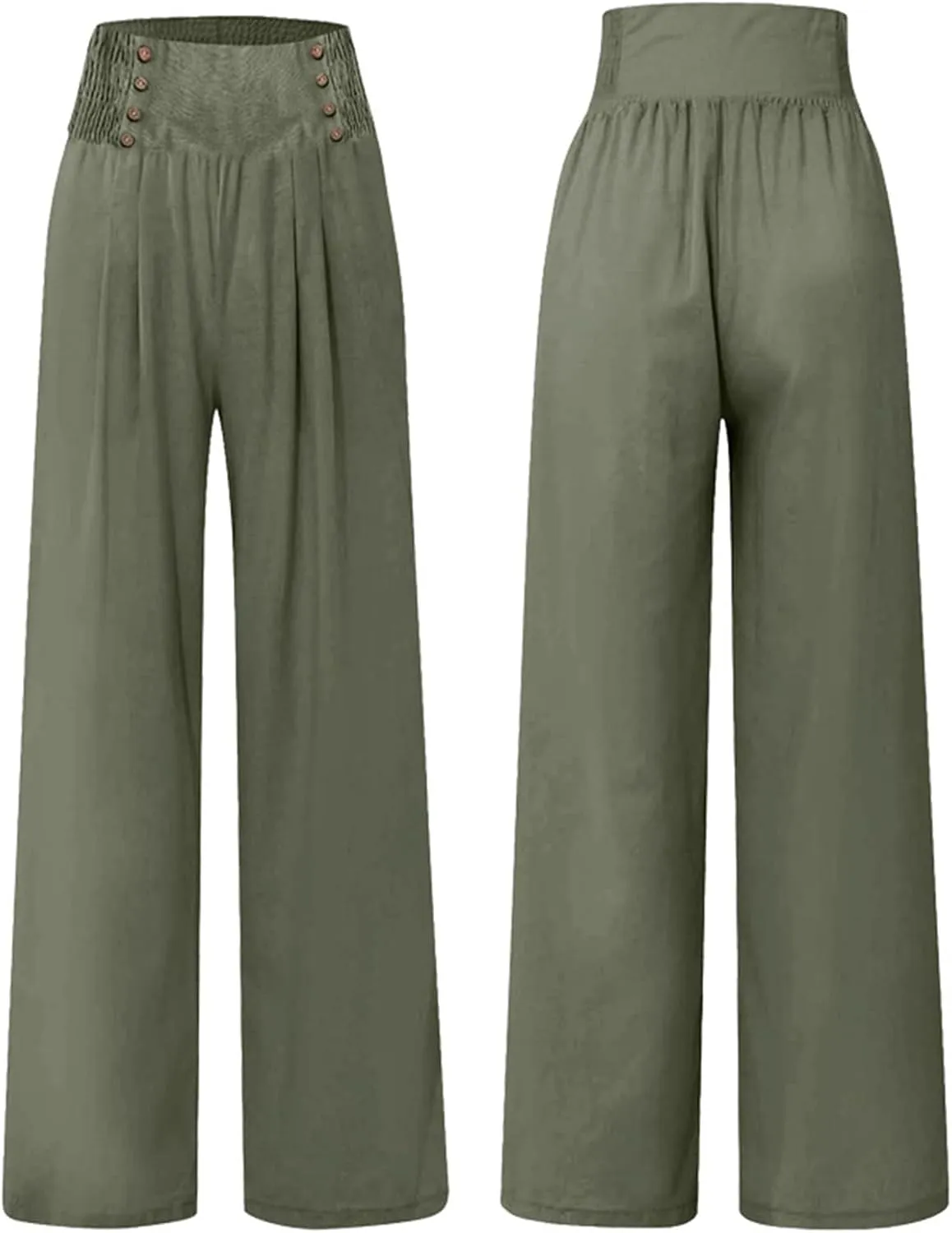 Women's Classy High Waist Double Buttons Pants Wide Leg Regular Fit Trousers with Pockets