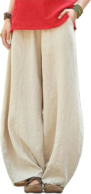 Womens Cotton Linen Baggy Pants Elastic Waist Loose Fit Lantern Pants Casual Summer Beach Pants Trousers Resort Wear