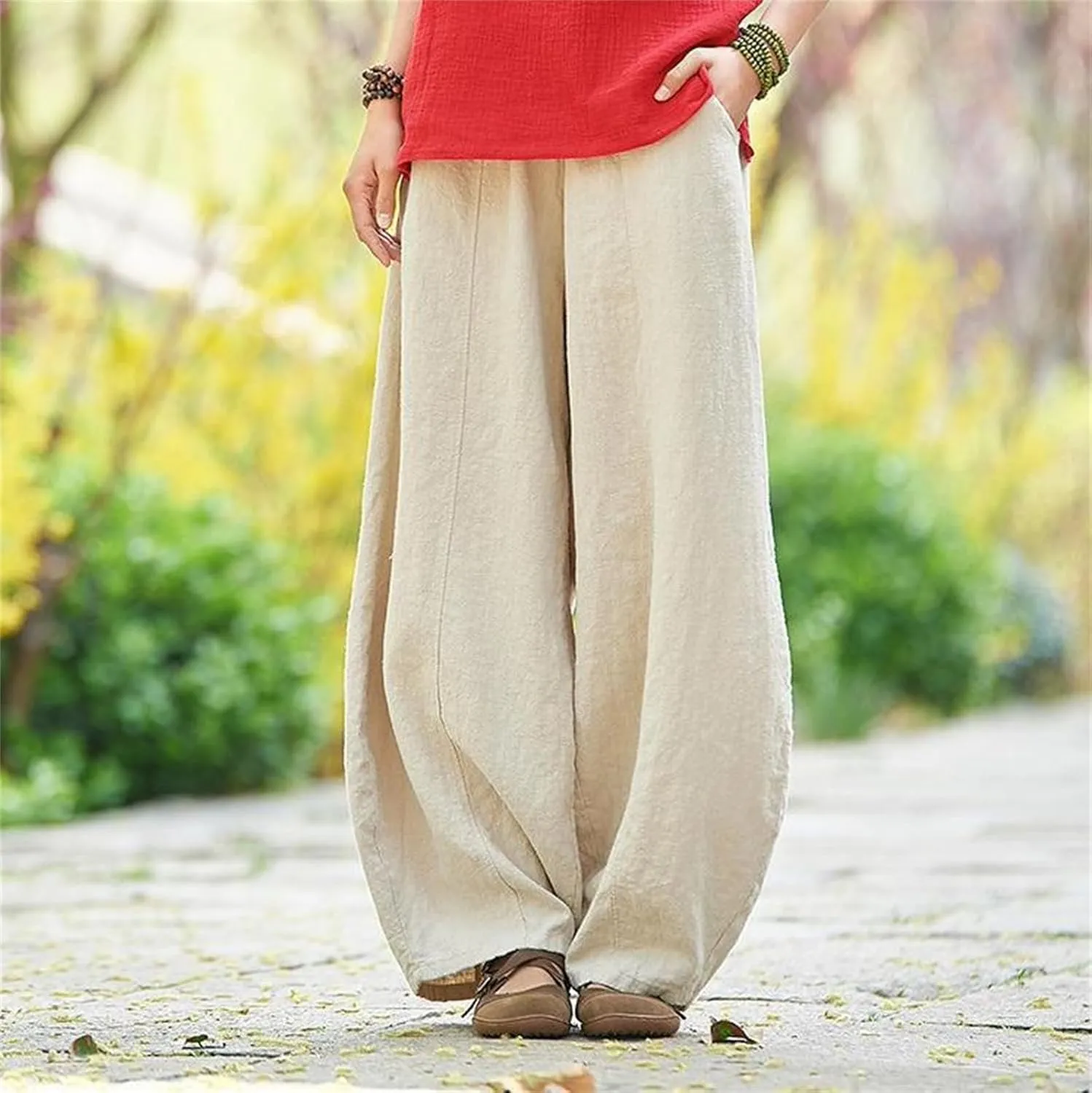 Womens Cotton Linen Baggy Pants Elastic Waist Loose Fit Lantern Pants Casual Summer Beach Pants Trousers Resort Wear