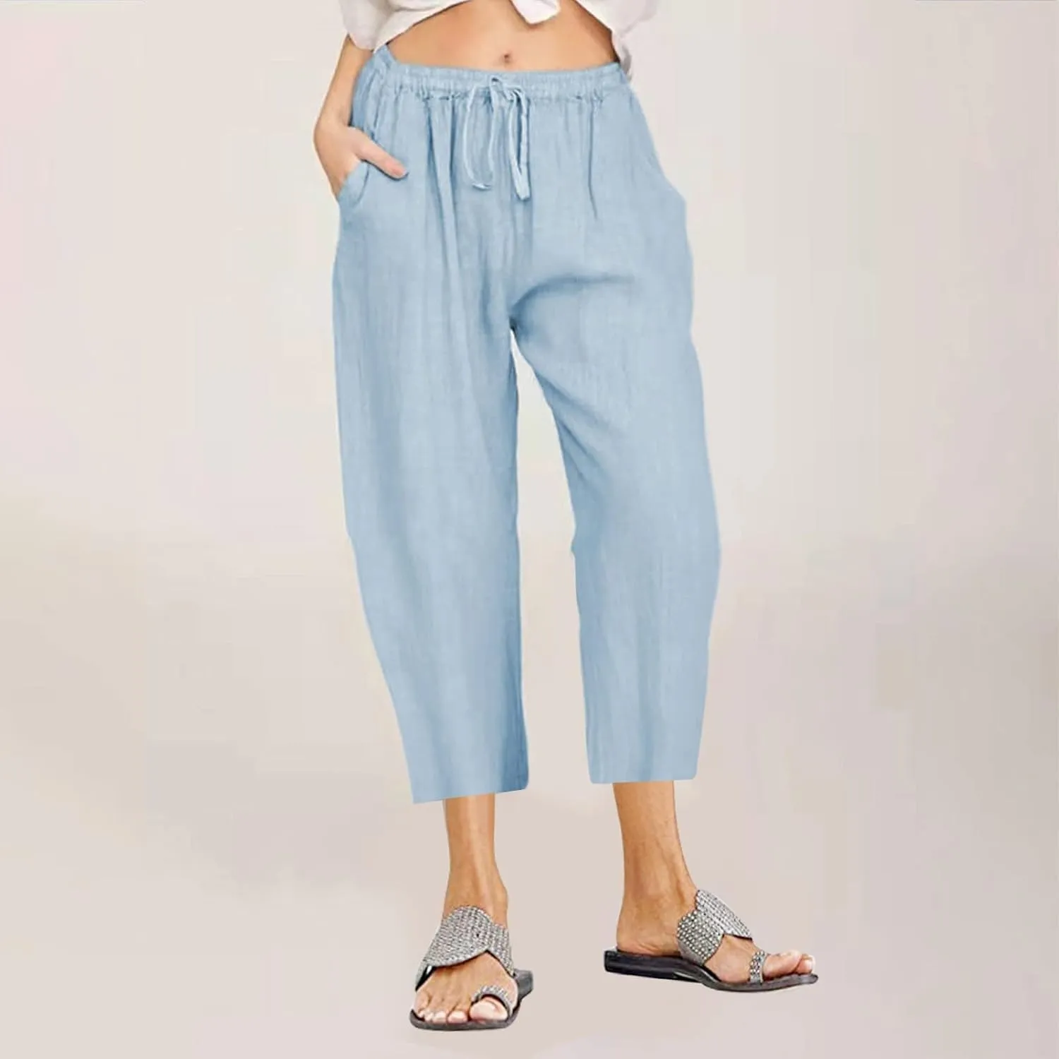 Womens Cotton Linen Capri Pants 2025 Summer Drawstring Elastic High Waist Pant Wide Leg Trouser Beach Cropped Pants