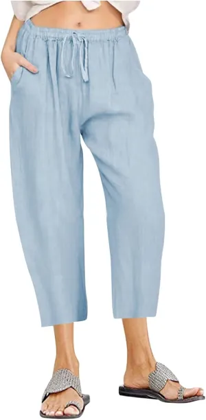 Womens Cotton Linen Capri Pants 2025 Summer Drawstring Elastic High Waist Pant Wide Leg Trouser Beach Cropped Pants