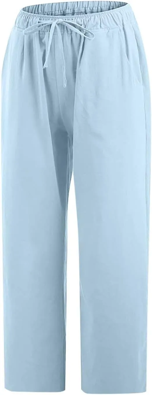 Womens Cotton Linen Capri Pants 2025 Summer Drawstring Elastic High Waist Pant Wide Leg Trouser Beach Cropped Pants