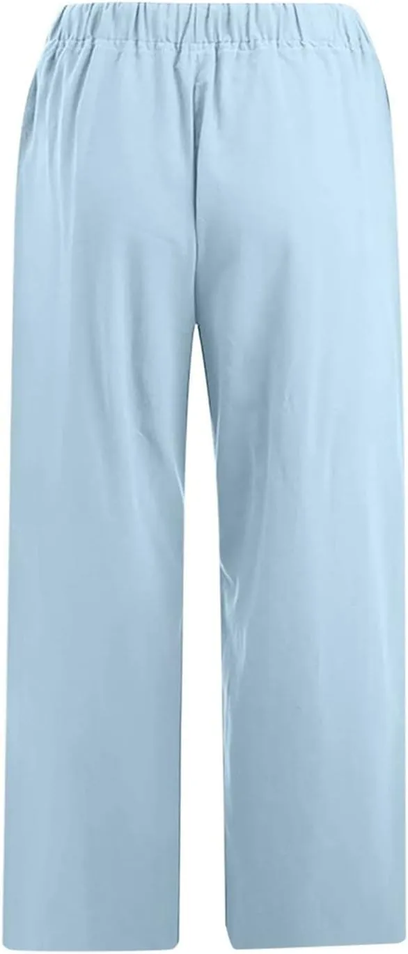 Womens Cotton Linen Capri Pants 2025 Summer Drawstring Elastic High Waist Pant Wide Leg Trouser Beach Cropped Pants