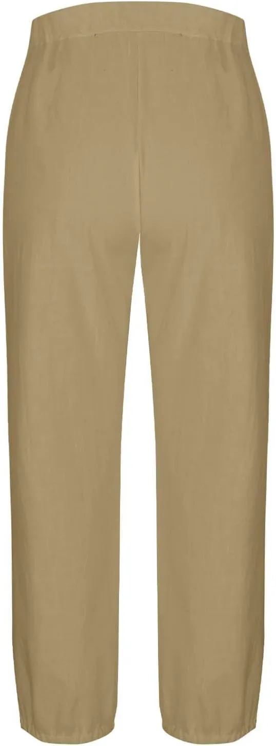Women's Cotton Linen Capri Pants High Waist Cropped Drawstring Cinch Bottoms Summer Casual Pant Trouser with Pockets