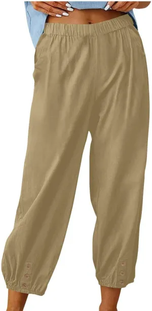 Women's Cotton Linen Capri Pants High Waist Cropped Drawstring Cinch Bottoms Summer Casual Pant Trouser with Pockets