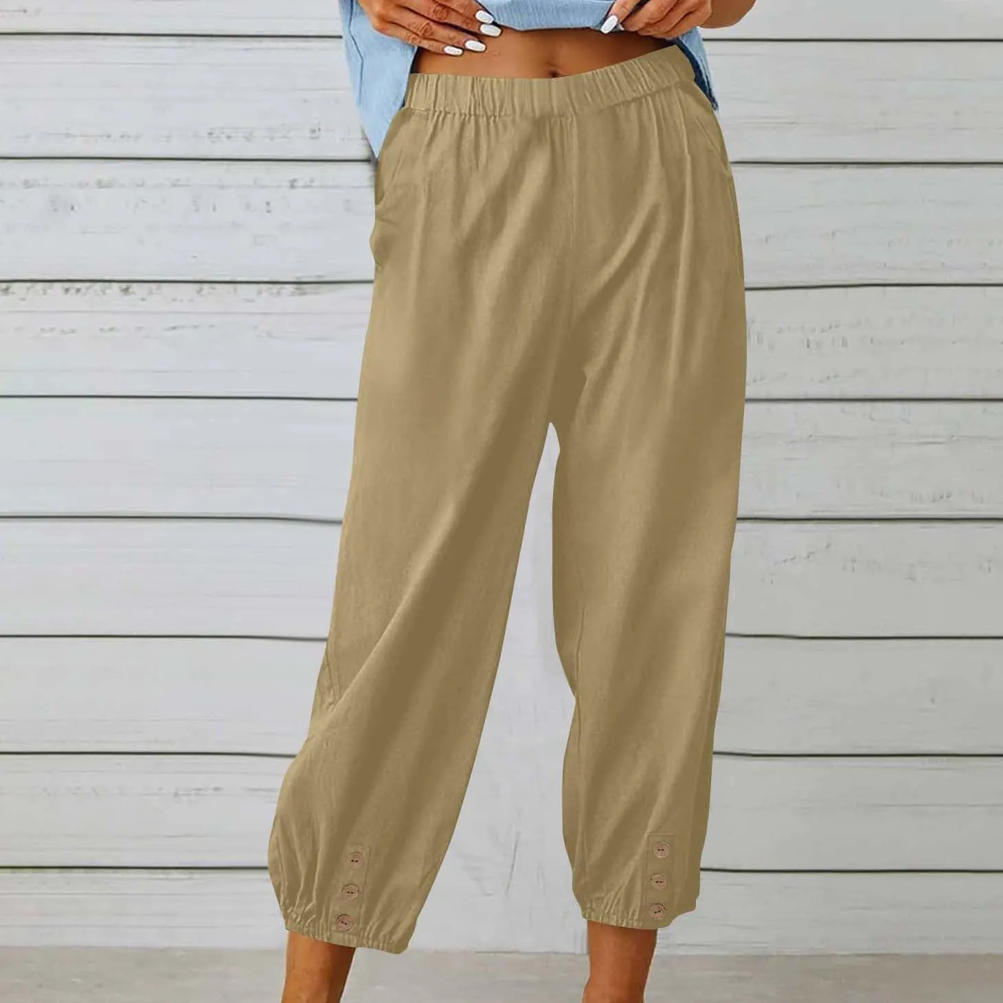 Women's Cotton Linen Capri Pants High Waist Cropped Drawstring Cinch Bottoms Summer Casual Pant Trouser with Pockets