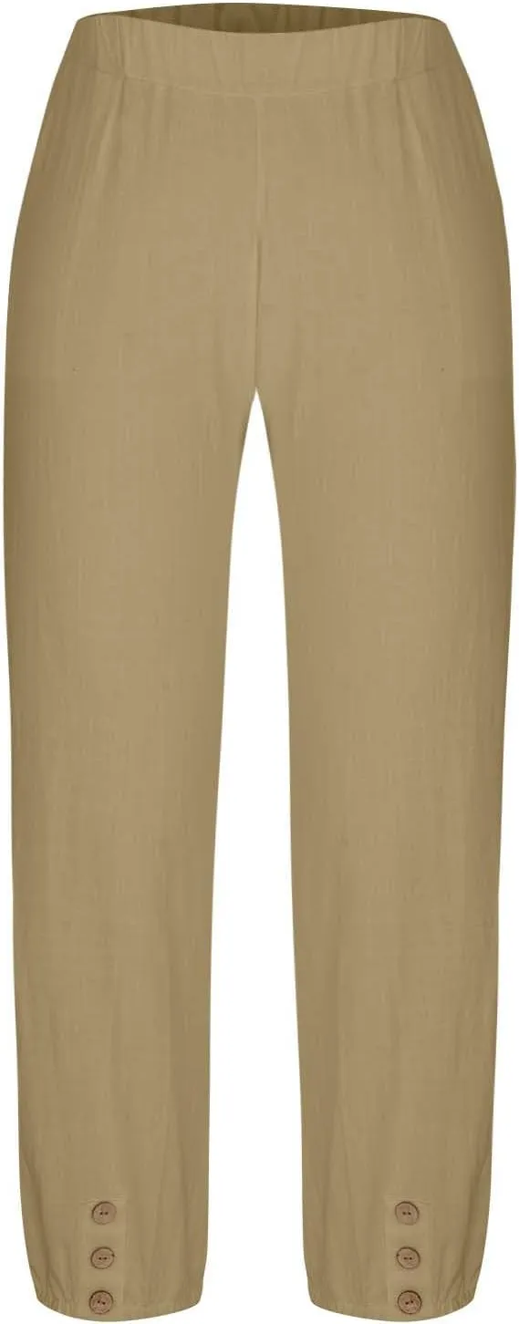 Women's Cotton Linen Capri Pants High Waist Cropped Drawstring Cinch Bottoms Summer Casual Pant Trouser with Pockets