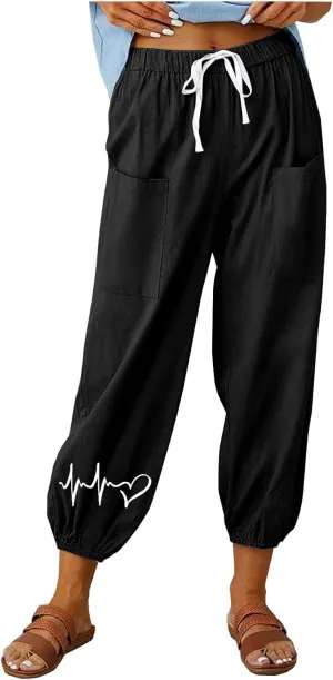 Women's Cotton Linen Drawstring Cropped Pant, Lightweight Loose High Waist Casual Pants Funny Print Pockets Trousers