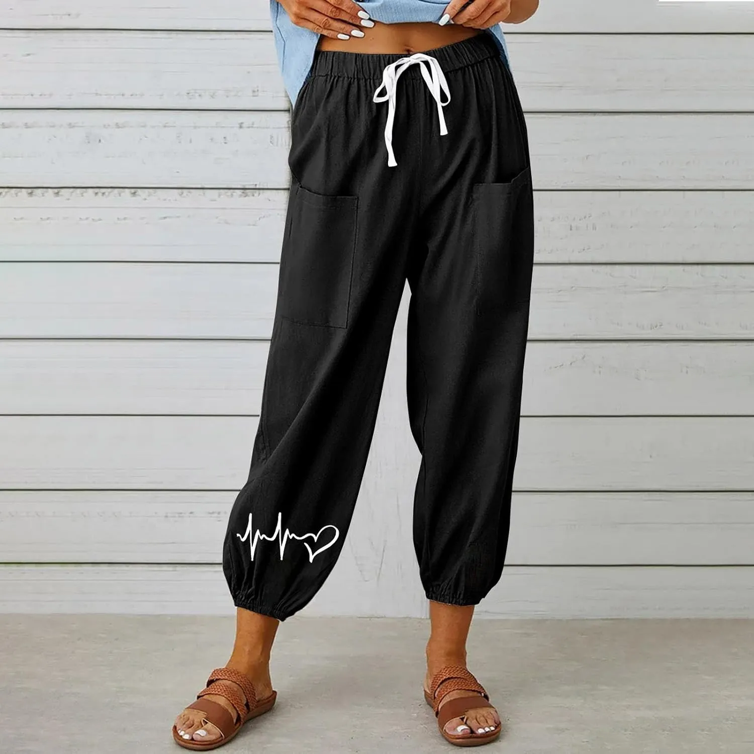 Women's Cotton Linen Drawstring Cropped Pant, Lightweight Loose High Waist Casual Pants Funny Print Pockets Trousers