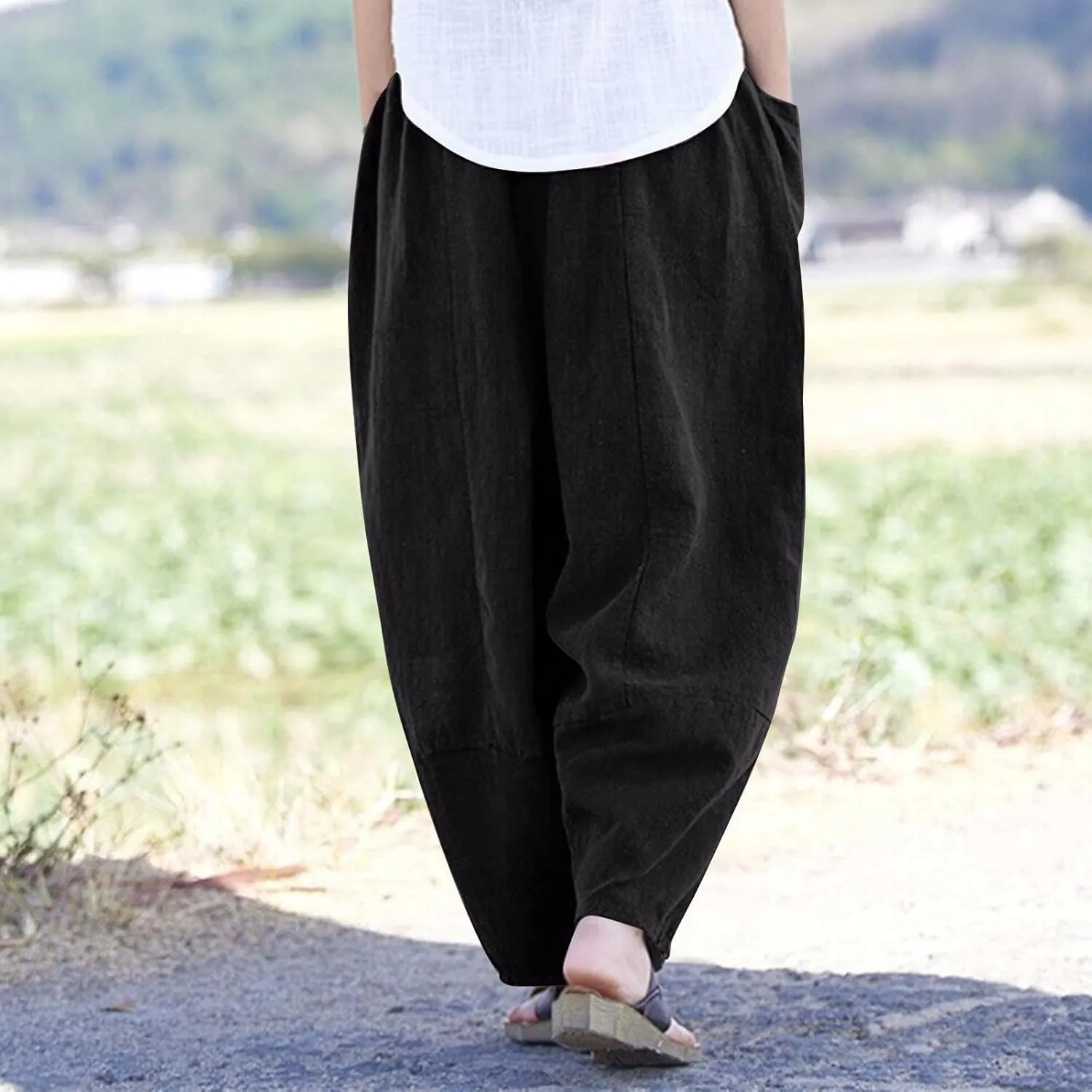 Womens Cotton Linen Harem Pants Casual Loose Fit High Waisted Pants Jogger Trousers Lounge Bottoms Slacks with Pockets