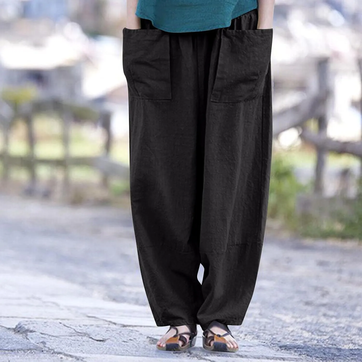 Womens Cotton Linen Harem Pants Casual Loose Fit High Waisted Pants Jogger Trousers Lounge Bottoms Slacks with Pockets