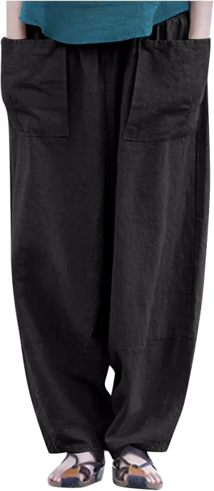 Womens Cotton Linen Harem Pants Casual Loose Fit High Waisted Pants Jogger Trousers Lounge Bottoms Slacks with Pockets