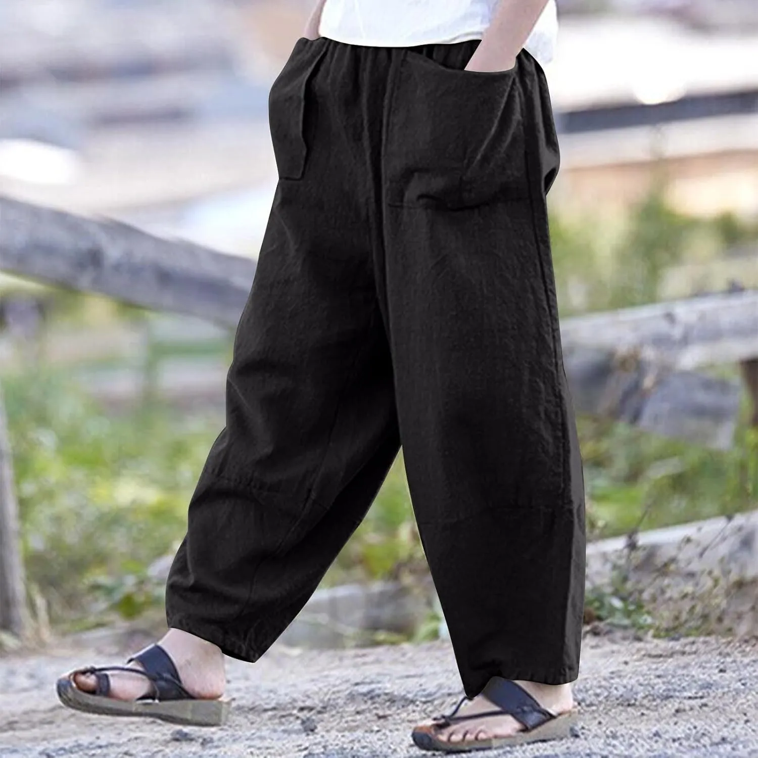 Womens Cotton Linen Harem Pants Casual Loose Fit High Waisted Pants Jogger Trousers Lounge Bottoms Slacks with Pockets
