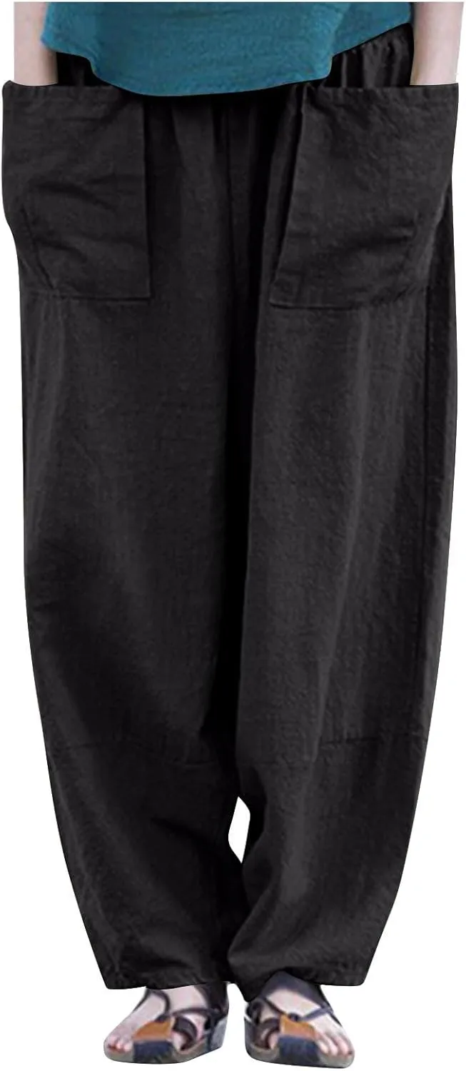 Womens Cotton Linen Harem Pants Casual Loose Fit High Waisted Pants Jogger Trousers Lounge Bottoms Slacks with Pockets