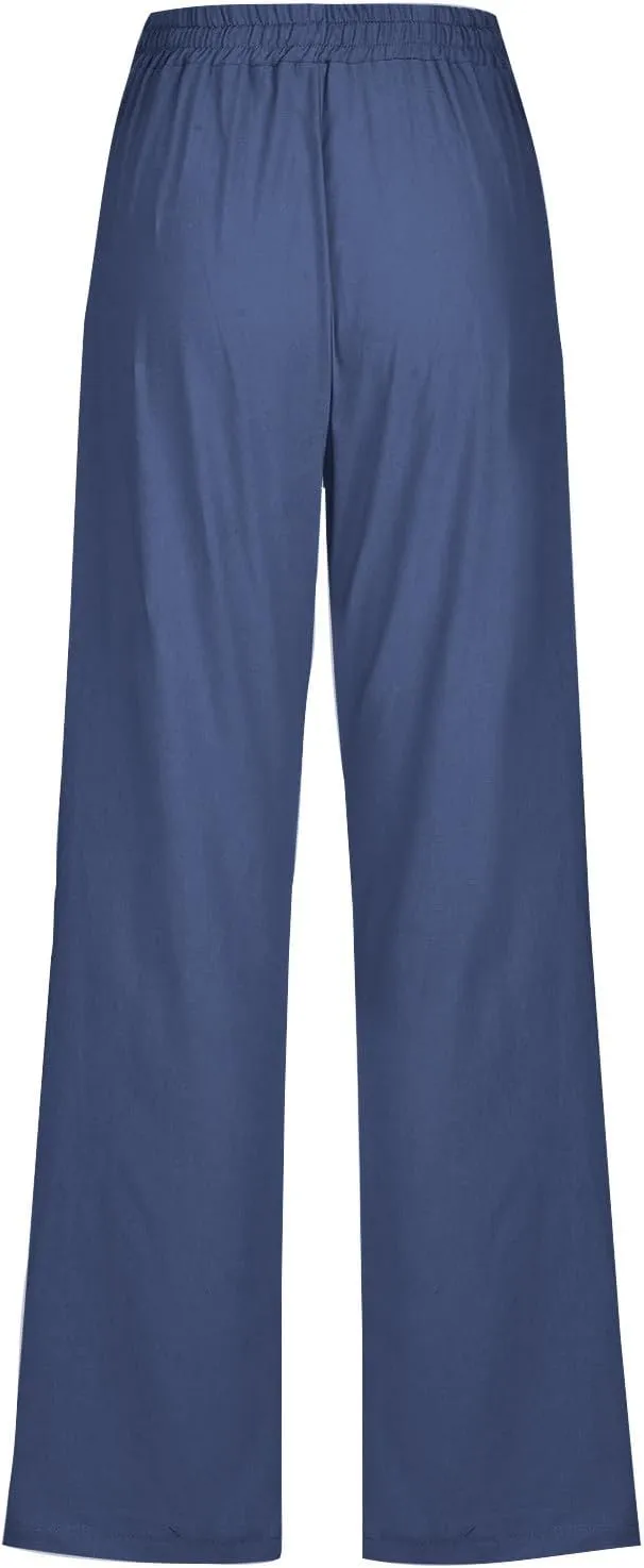 Womens Cotton Linen High Waisted Pants Drawstring Casual Loose Fit Summer Pants Comfy Trousers with Side Pockets