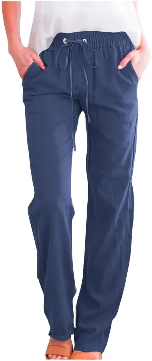 Womens Cotton Linen High Waisted Pants Drawstring Casual Loose Fit Summer Pants Comfy Trousers with Side Pockets