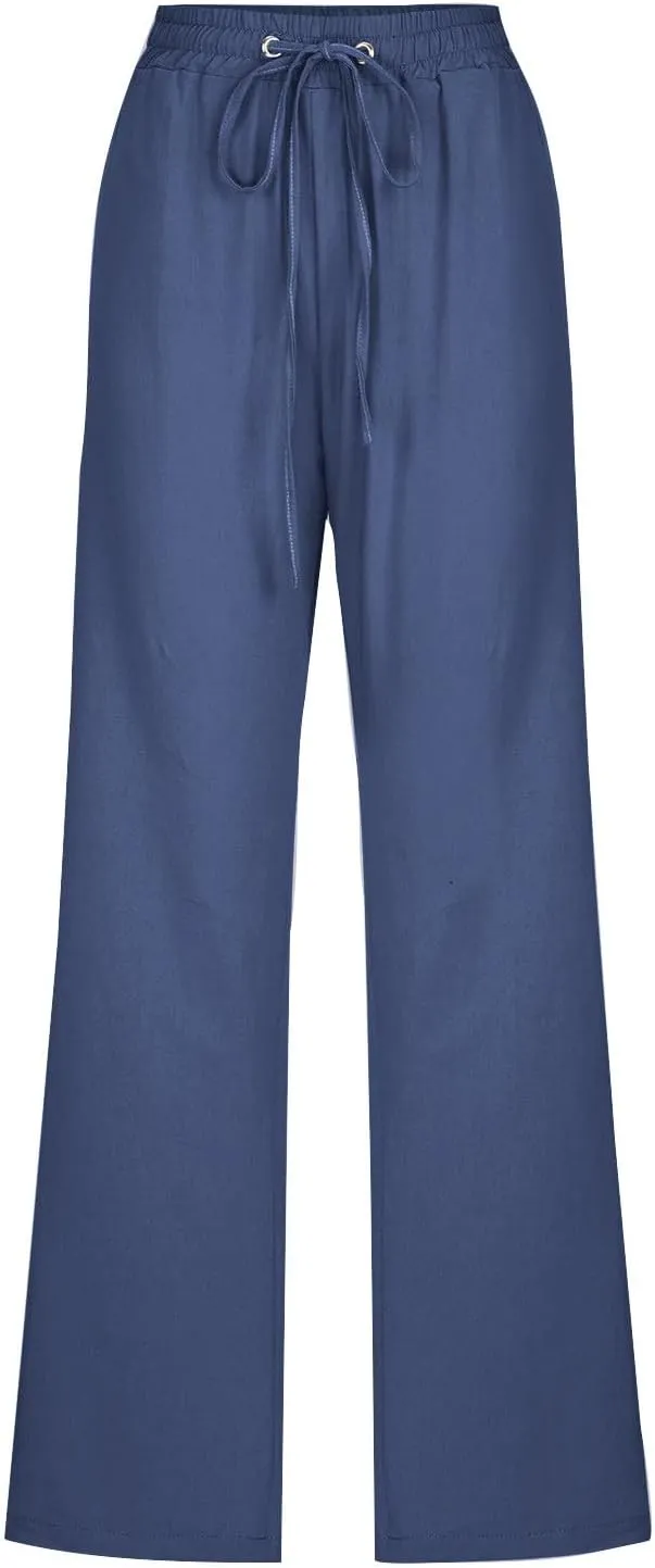 Womens Cotton Linen High Waisted Pants Drawstring Casual Loose Fit Summer Pants Comfy Trousers with Side Pockets