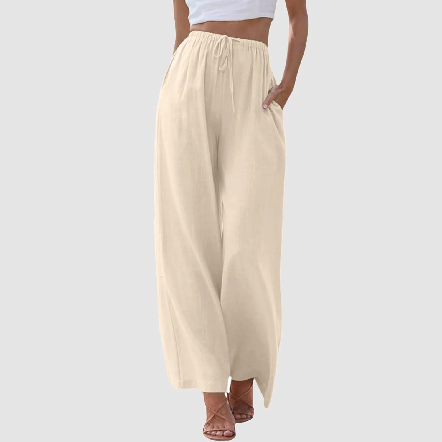 Womens Cotton Linen Palazzo Pants Casual Summer Beach Flowy Drawstring Elastic Waist Wide Leg Trousers with Pockets