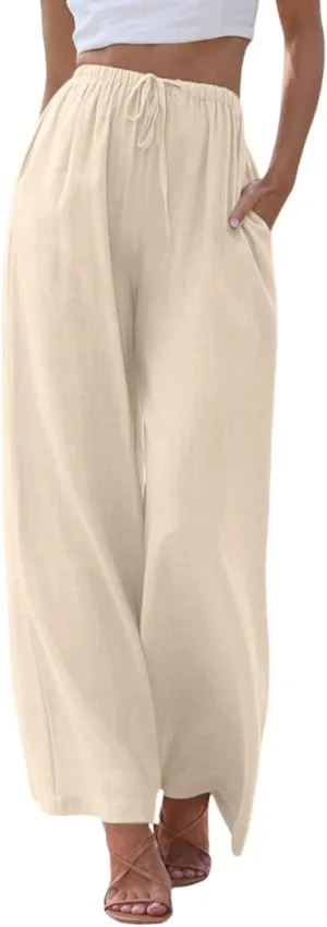 Womens Cotton Linen Palazzo Pants Casual Summer Beach Flowy Drawstring Elastic Waist Wide Leg Trousers with Pockets